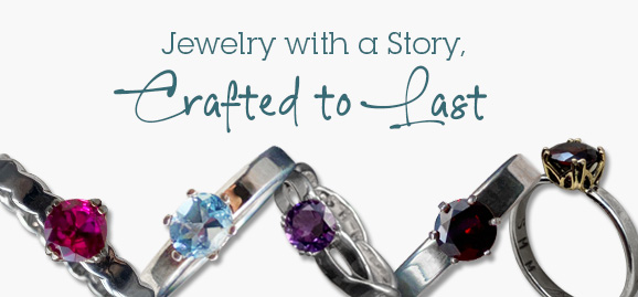 Collection of handcrafted birthstone rings in various metals and band styles, featuring faceted gemstones set in Argentium Sterling Silver and solid gold.