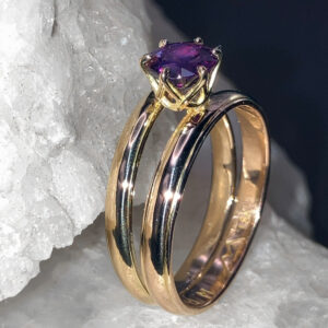 GIA Certified 1.12 carat natural unheated Sri Lankan purple sapphire ring in two-tone 18k rose and yellow gold with a swirl heart setting from Silver Mountain Metals.