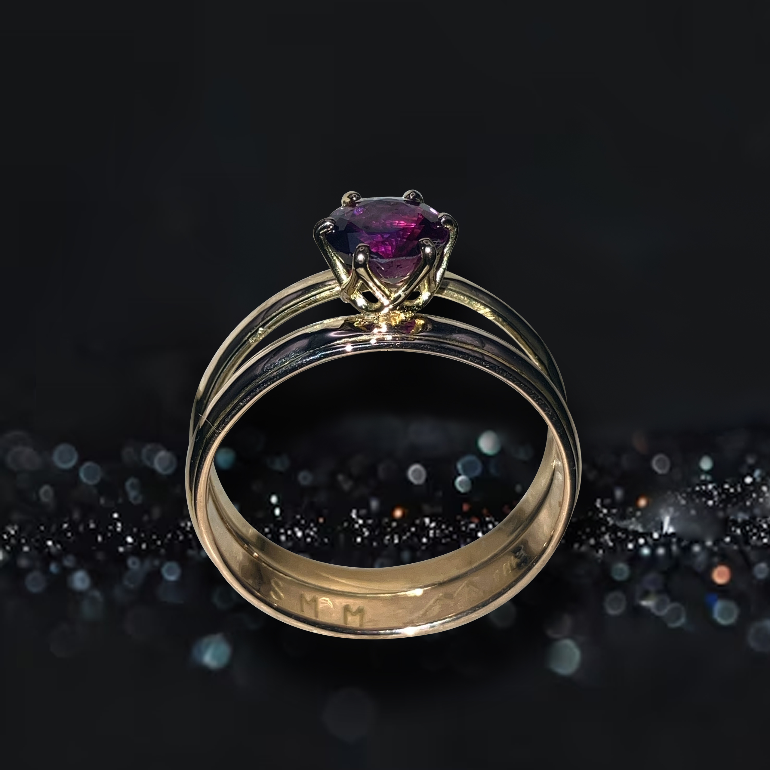 GIA Certified 1.12 carat natural unheated Sri Lankan purple sapphire ring in two-tone 18k rose and yellow gold with a swirl heart setting from Silver Mountain Metals.
