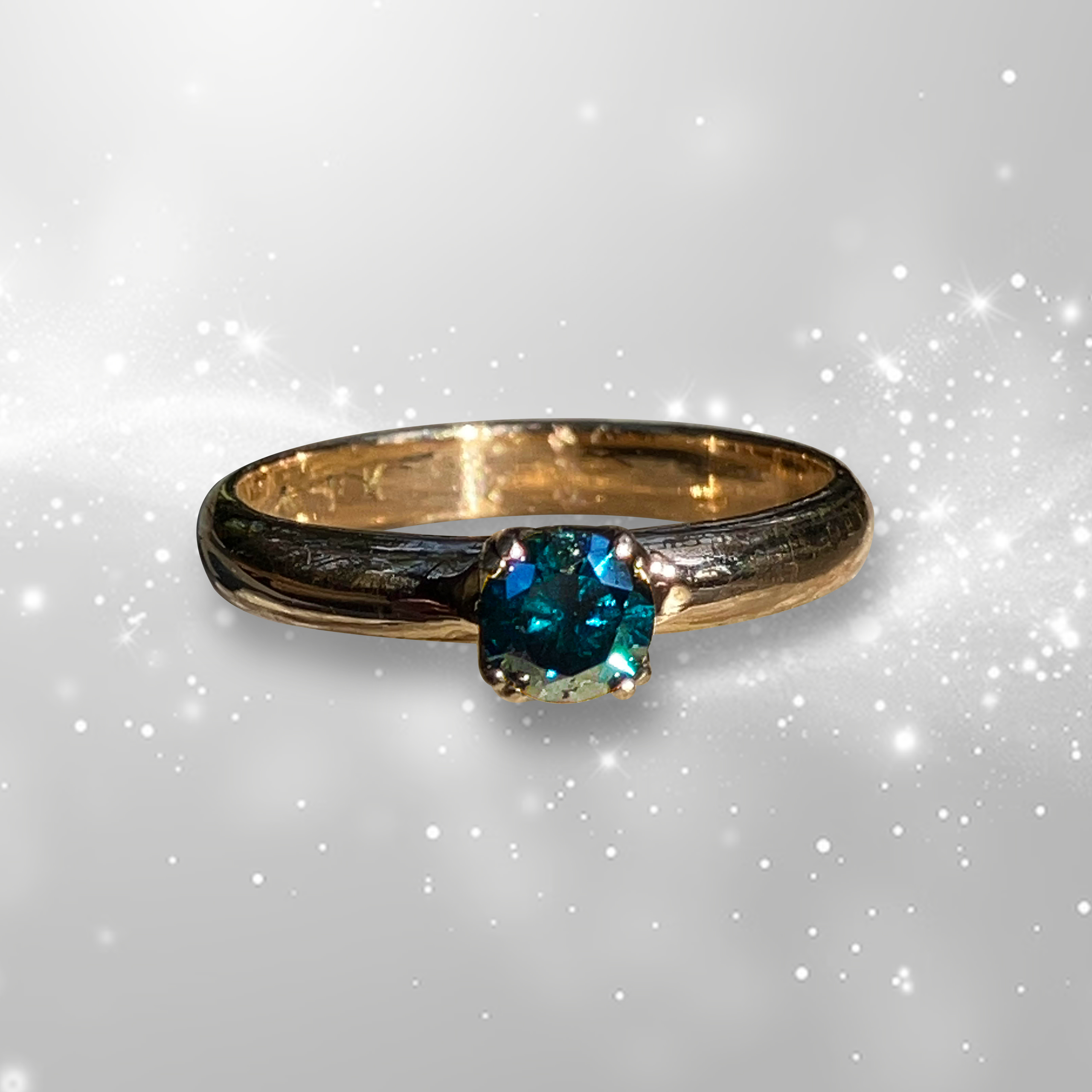 GIA Certified 0.43 carat blue diamond ring in a handcrafted 14k yellow gold tulip setting and half-round band by Silver Mountain Metals.
