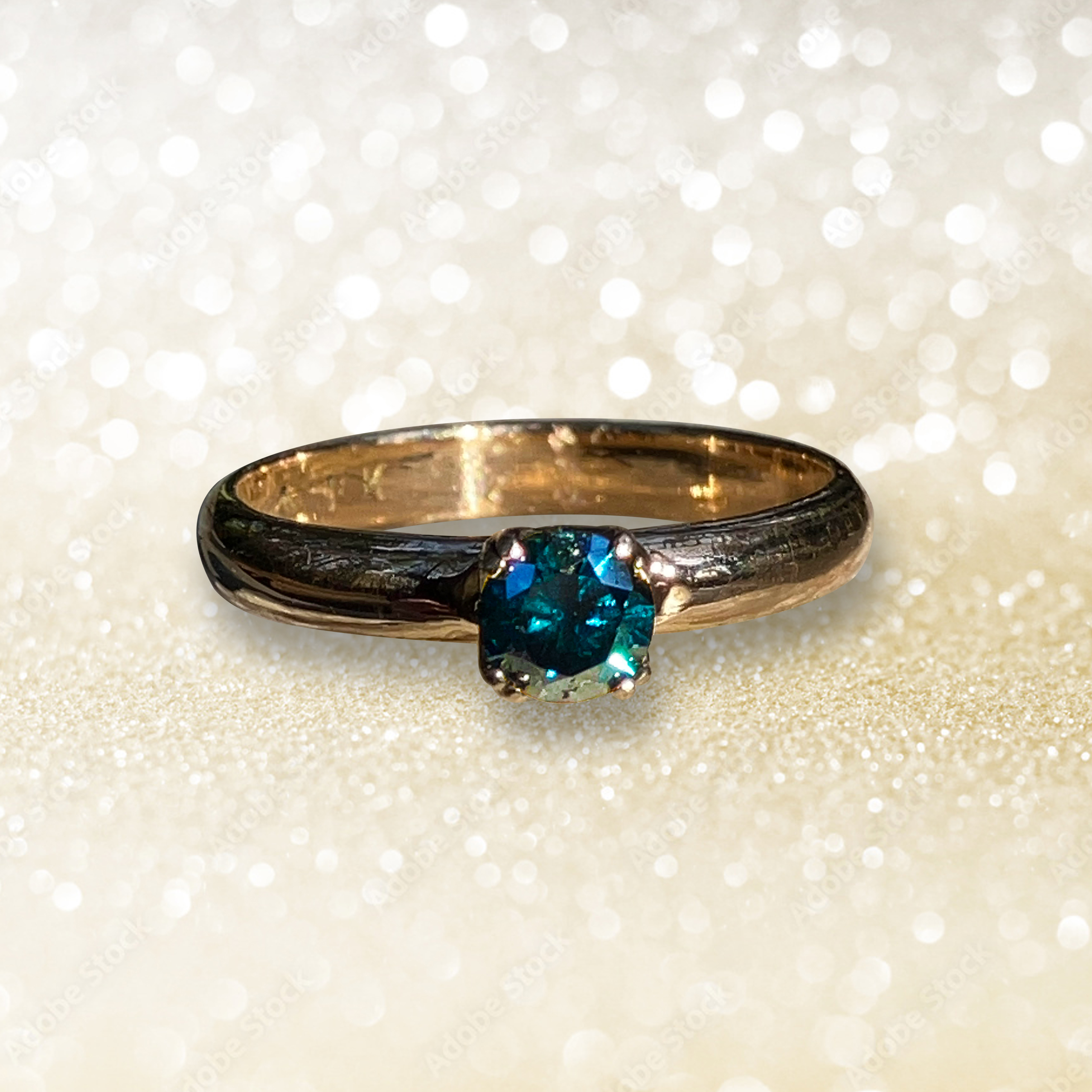 GIA Certified 0.43 carat blue diamond ring in a handcrafted 14k yellow gold tulip setting and half-round band by Silver Mountain Metals.