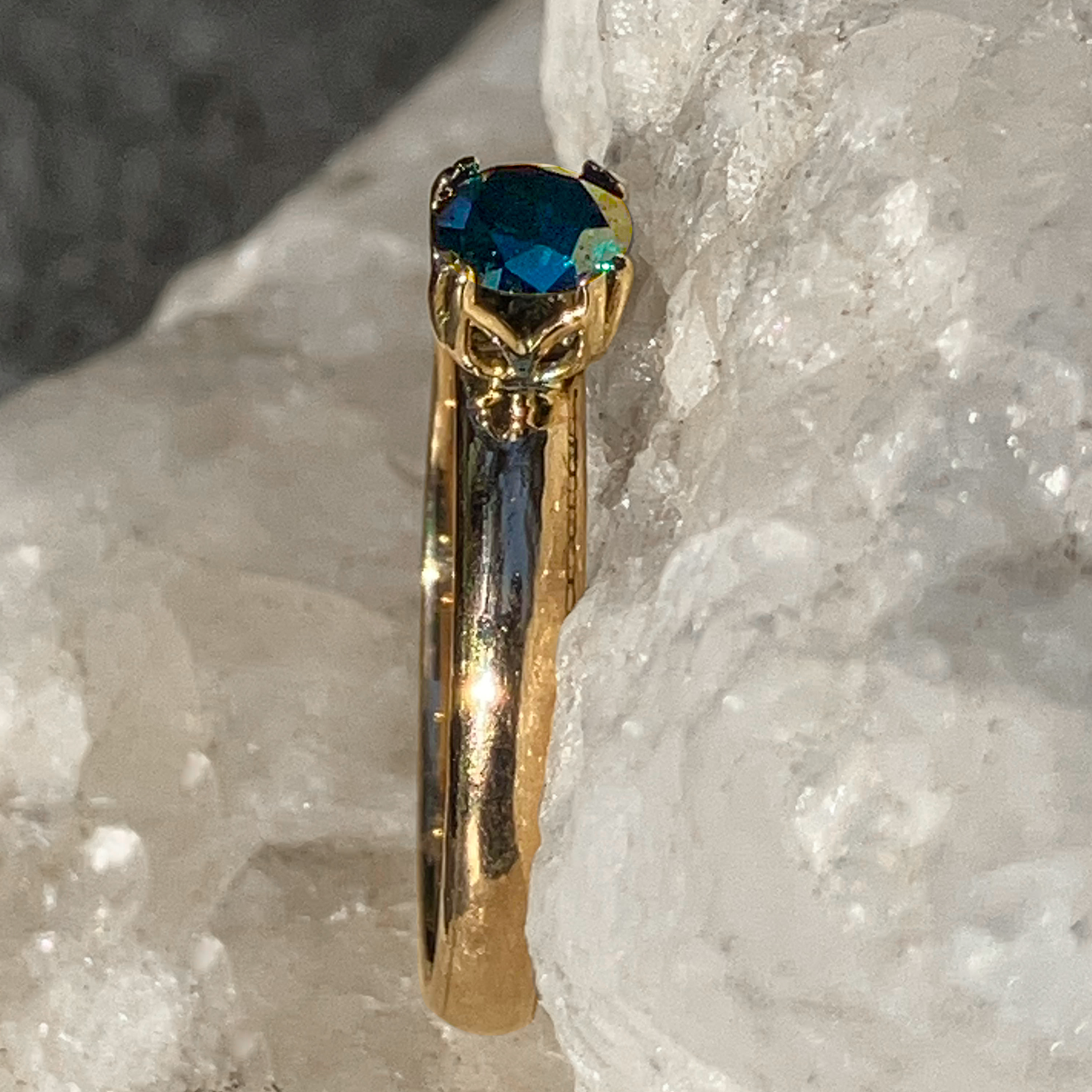 GIA Certified 0.43 carat blue diamond ring in a handcrafted 14k yellow gold tulip setting and half-round band by Silver Mountain Metals.