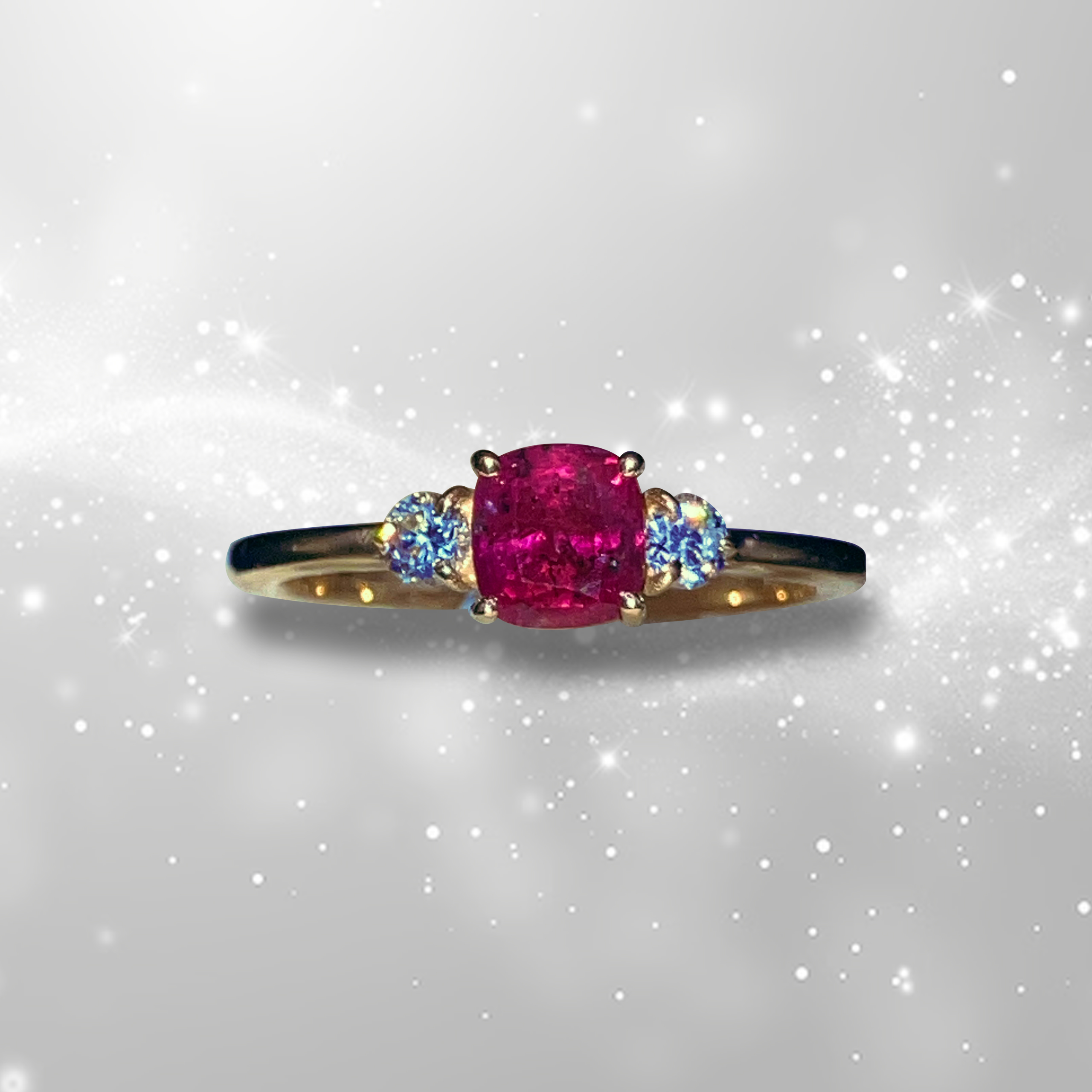 GIA Certified 1.13 carat cushion cut Winza ruby ring with two VVS1 diamond accents set in handcrafted 14k yellow gold by Silver Mountain Metals.