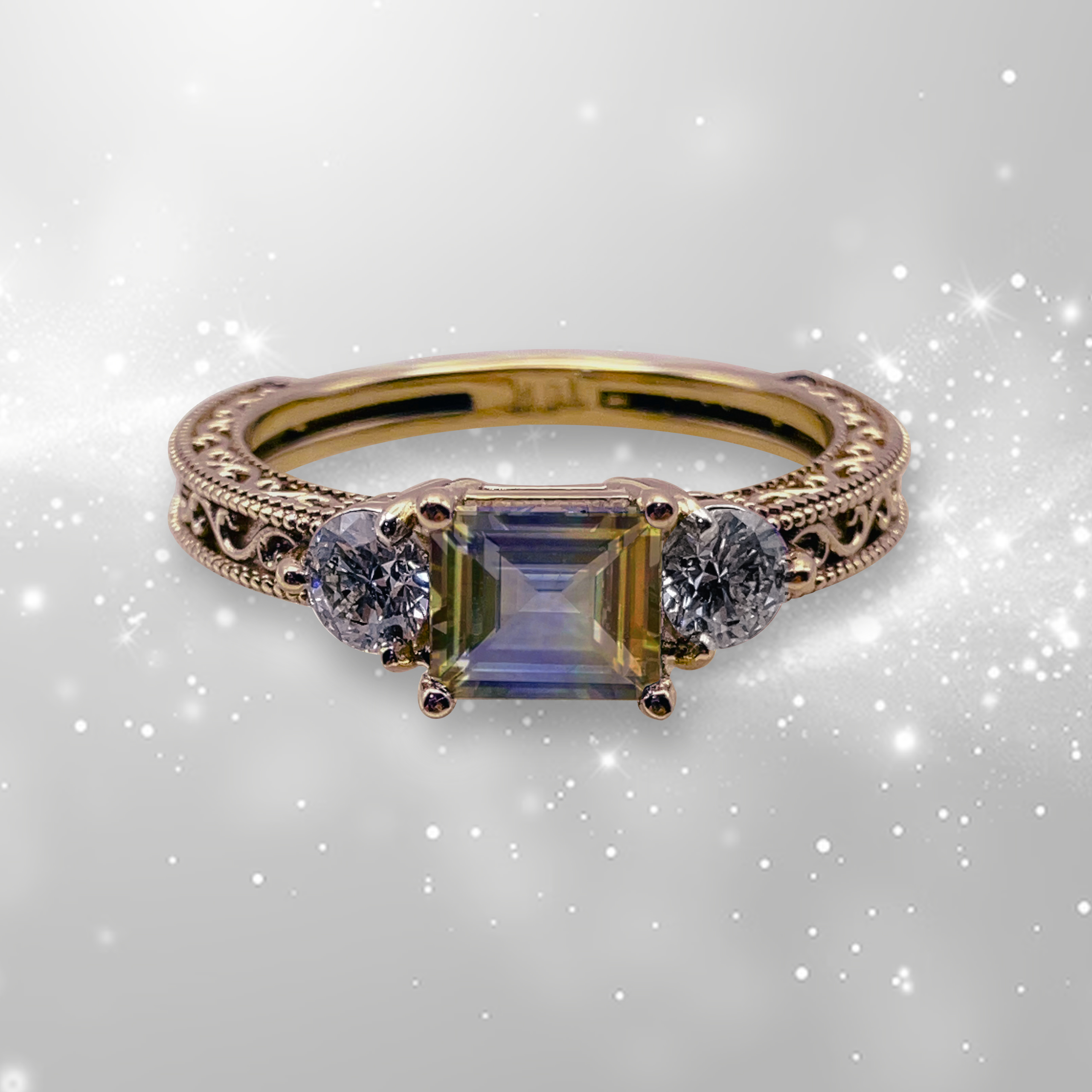 GIA Certified 1.11 carat Asscher cut color-zoned yellow-blue-yellow Ceylon sapphire ring with F Color VVS1 diamond accents in handcrafted 14k yellow gold Art Deco filigree setting by Silver Mountain Metals.